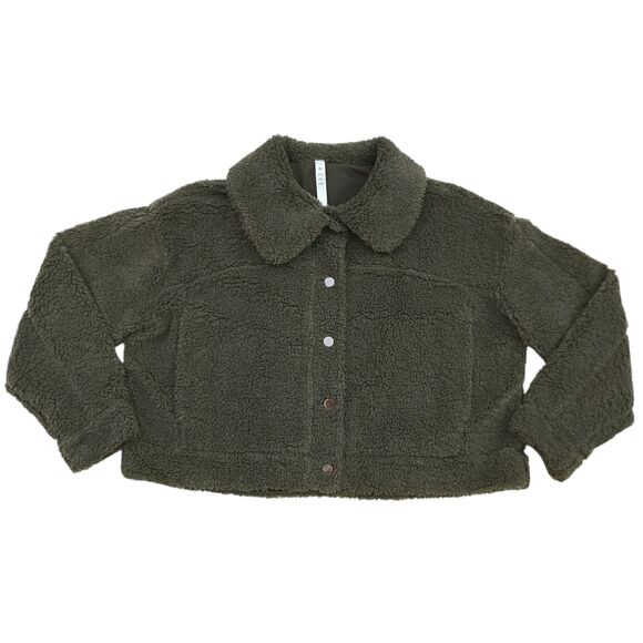 Lululemon Textured Fleece Button Jacket Womens 14 Dark Olive Lined Comfy Cozy - Picture 2 of 13